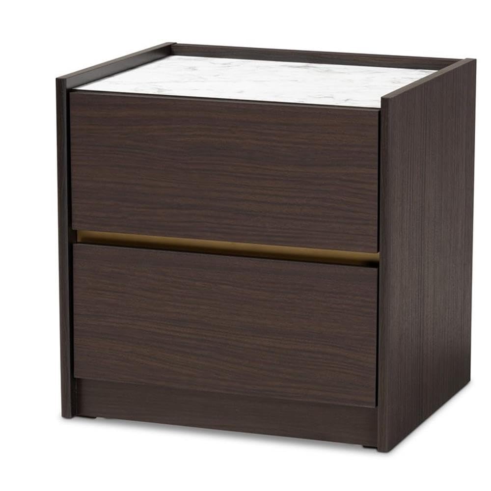 Baxton Studio Walker Modern and Contemporary Dark Brown and Gold Finished Wood Nightstand with Faux Marble Top